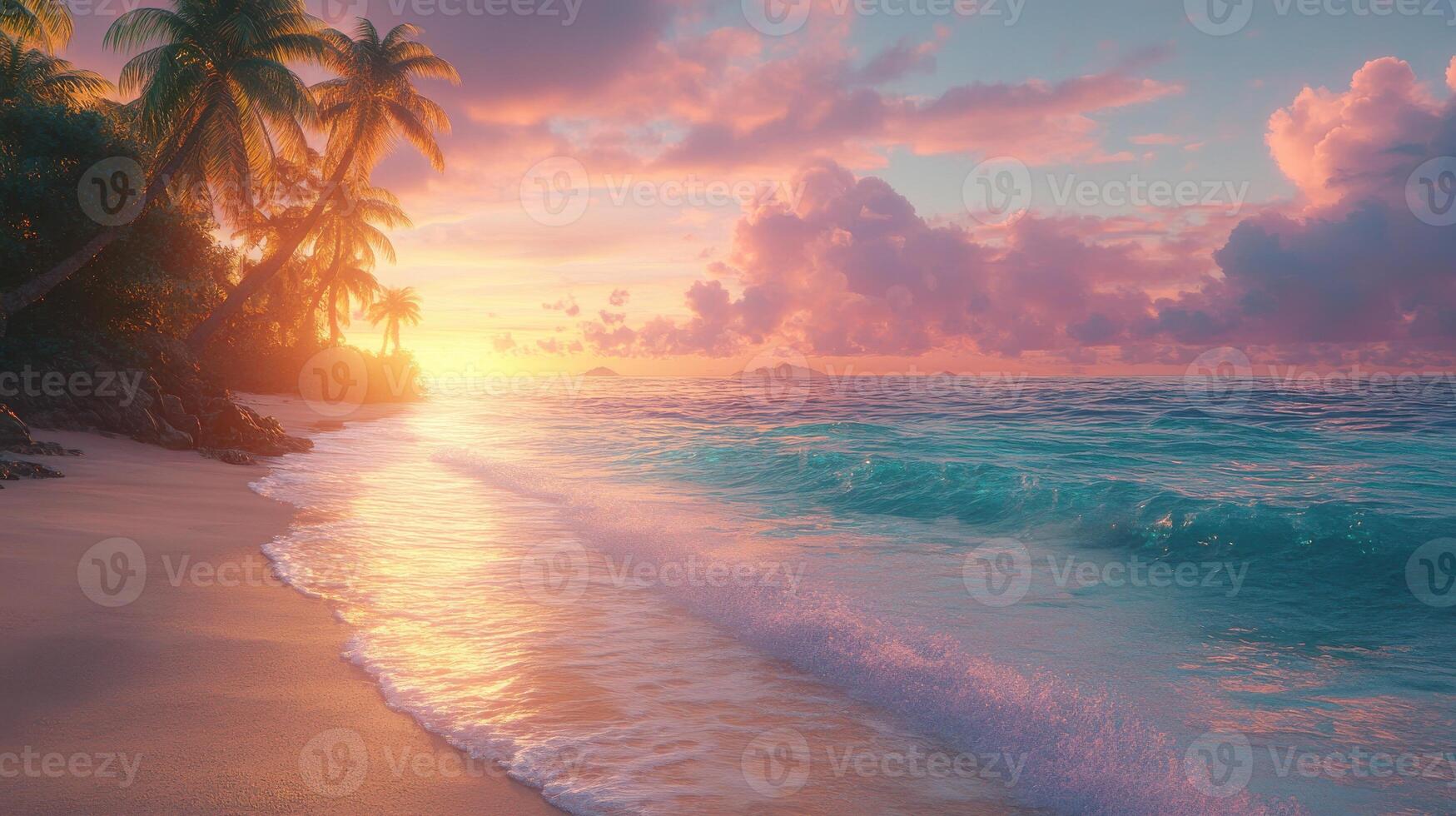 Tropical Beach Sunset with Palm Trees and Ocean Waves photo