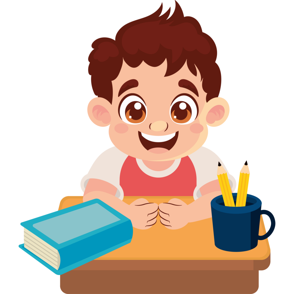 little student boy with book and pencils holder png