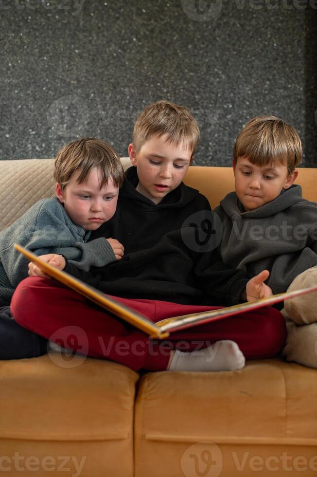 he eldest brother reads a colorful book to his two younger brothers, who sit beside him, captivated by the story. photo