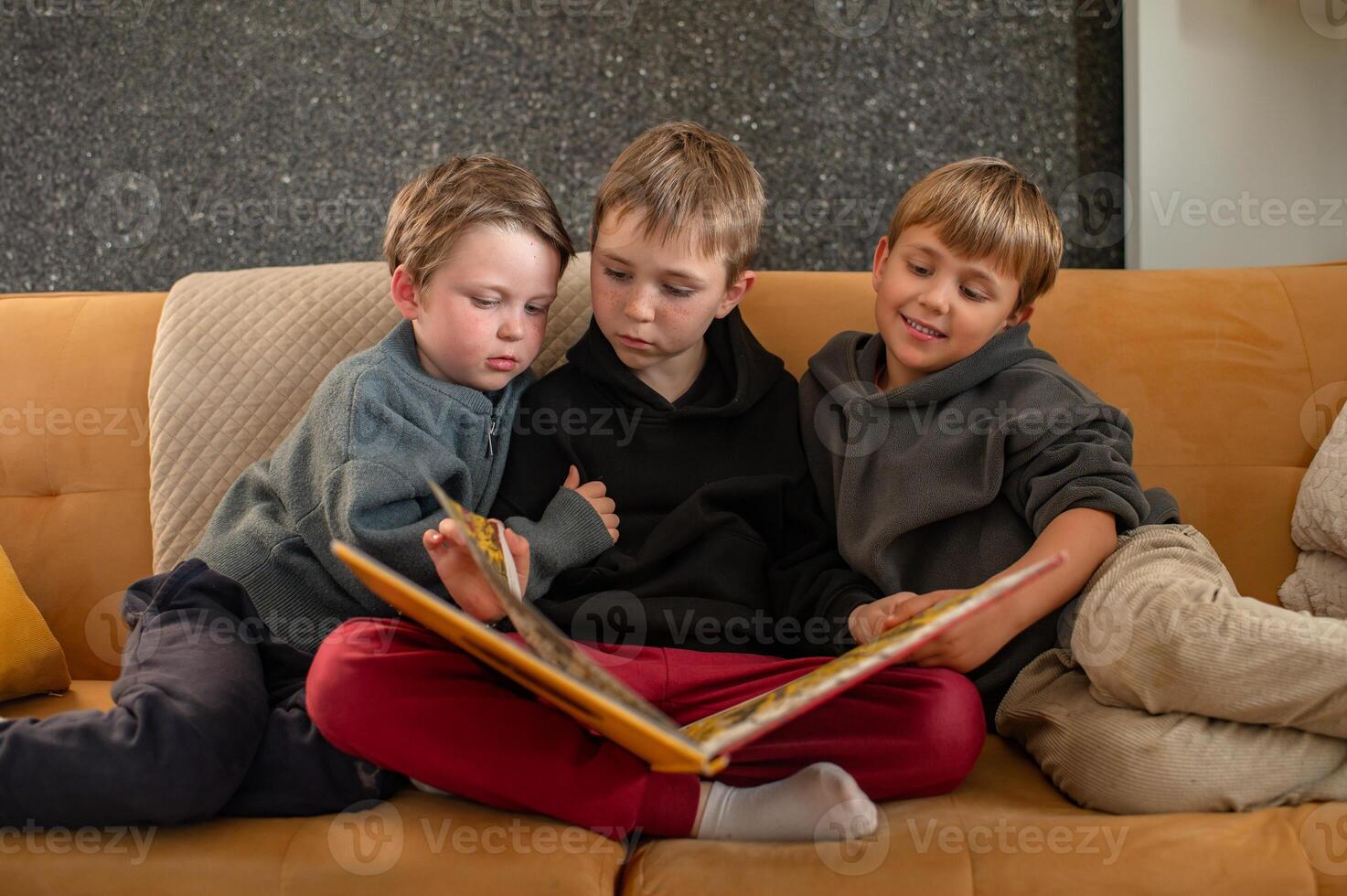 The teenage brother holds an open book, reading to his two little brothers who watch and listen with fascination. photo