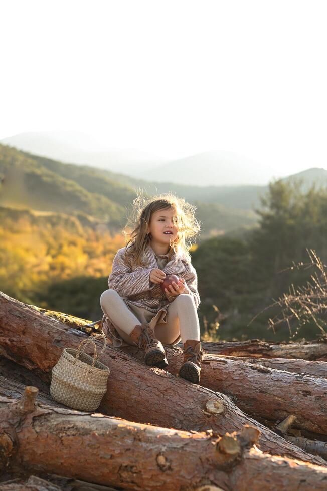 A child with light hair sits on cut timber in a sunny rural landscape, the breeze lifting her hair. photo