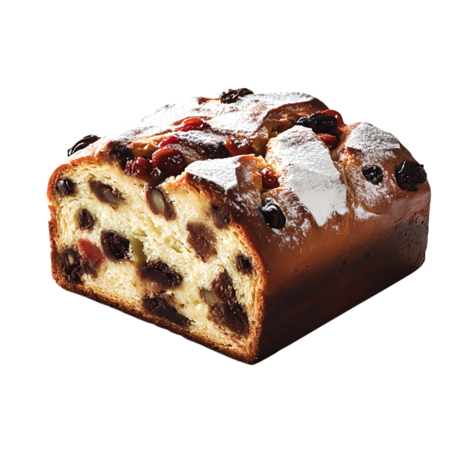 Delicious Sliced Fruit Bread with Raisins and Icing Sugar on Top png