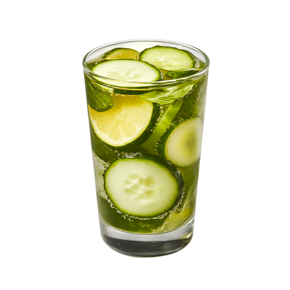 Refreshing Cucumber Lime Beverage in a Clear Glass with Ice Cubes png