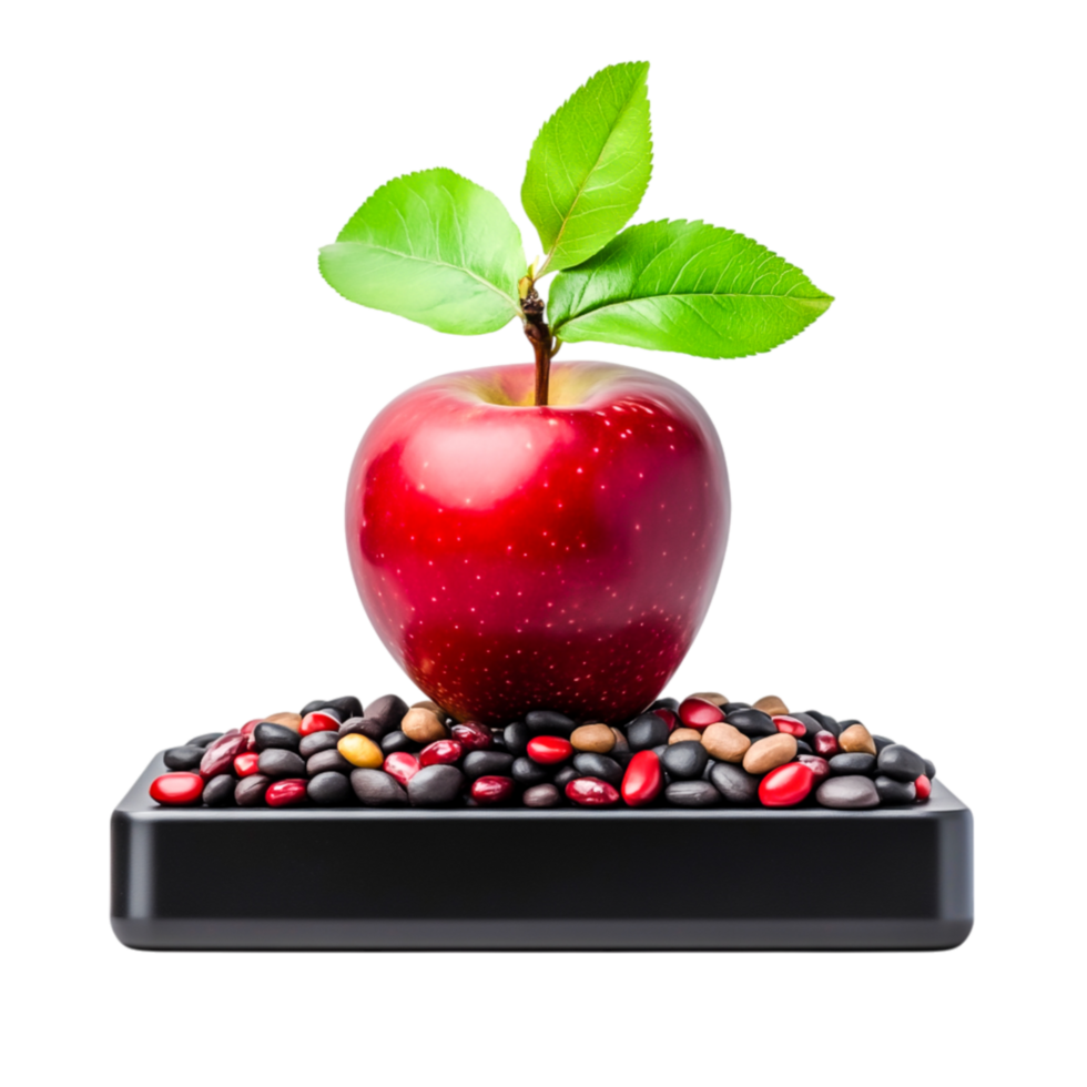 Fresh Red Apple with Green Leaves on Black Stone Base for Healthy Lifestyle png
