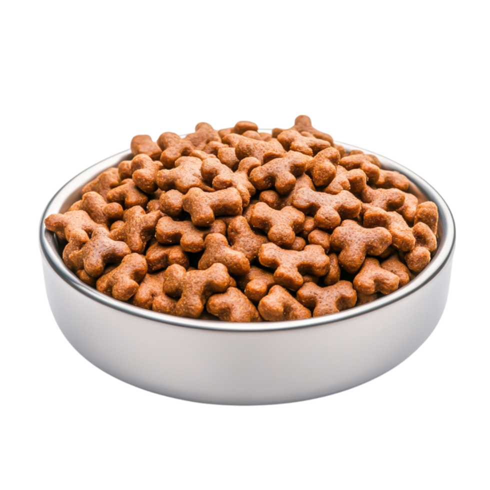 Brown Dog Food Kibble in a Silver Bowl for Pet Nutritind Feeding png