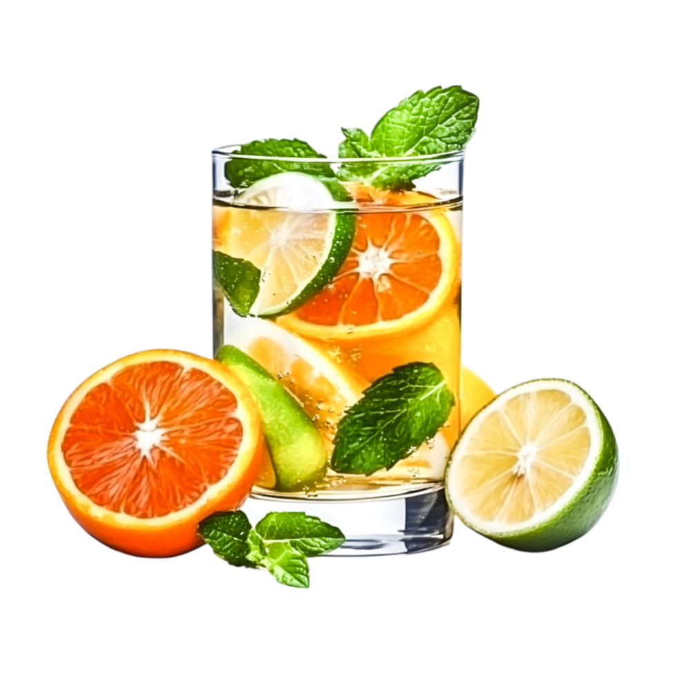 Refreshing Citrus Drink with Mint and Fresh Fruit Garnish in Glass png