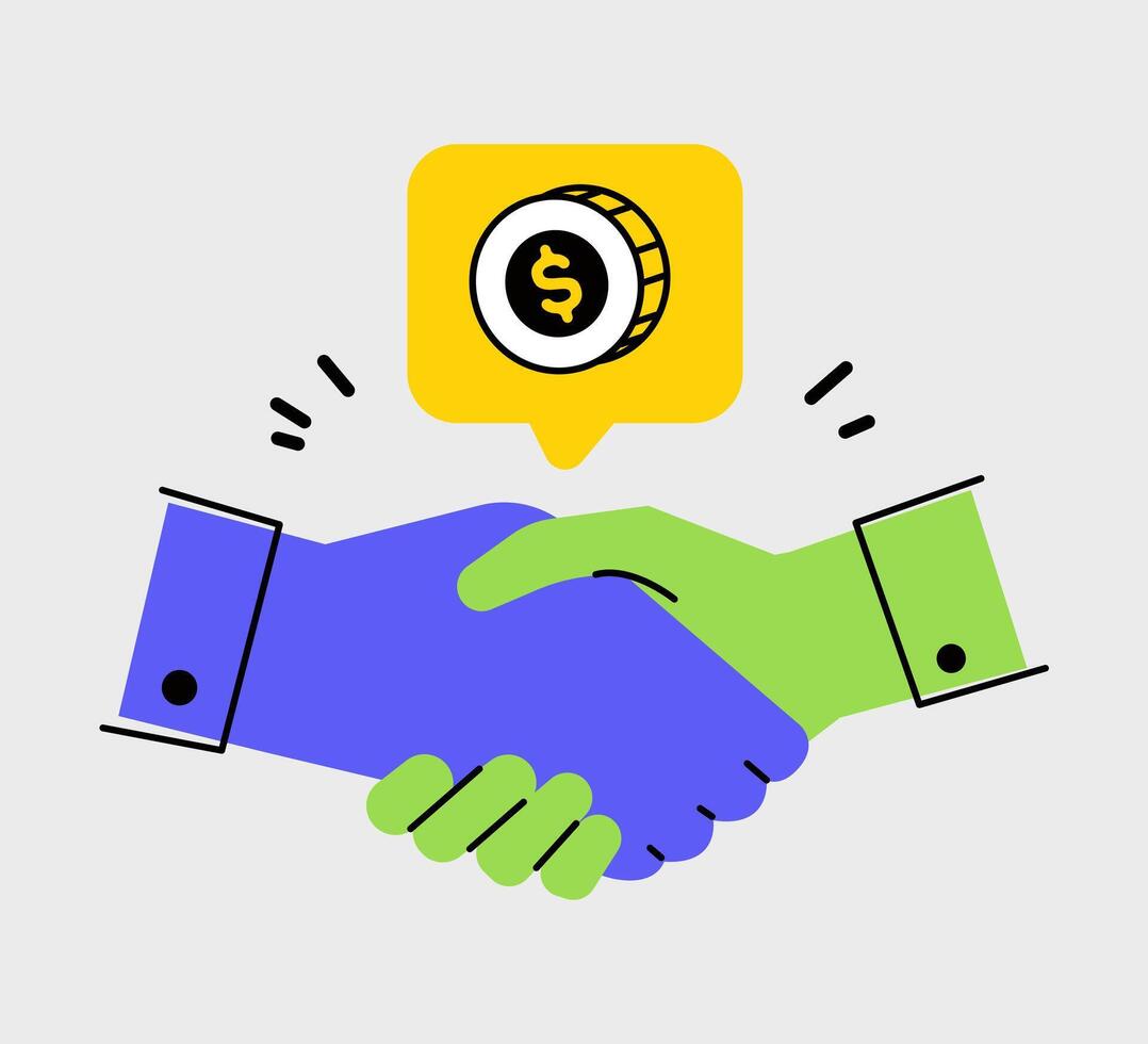 Collaborative Financial Agreement, Cartoon Hands Shaking Over Symbolic Coin vector