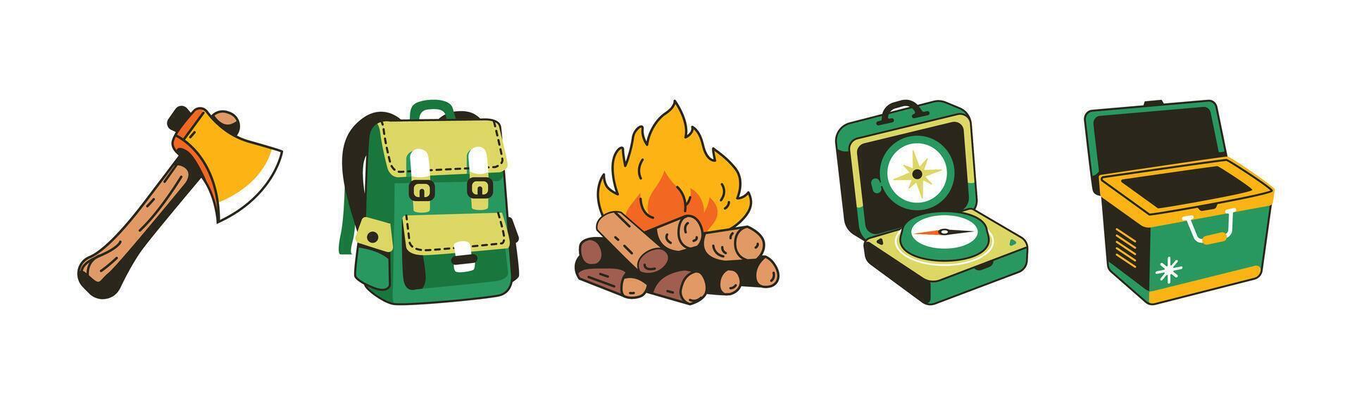 Outdoor Adventure Icons, Camping Essentials for Wilderness Exploration and Fun vector