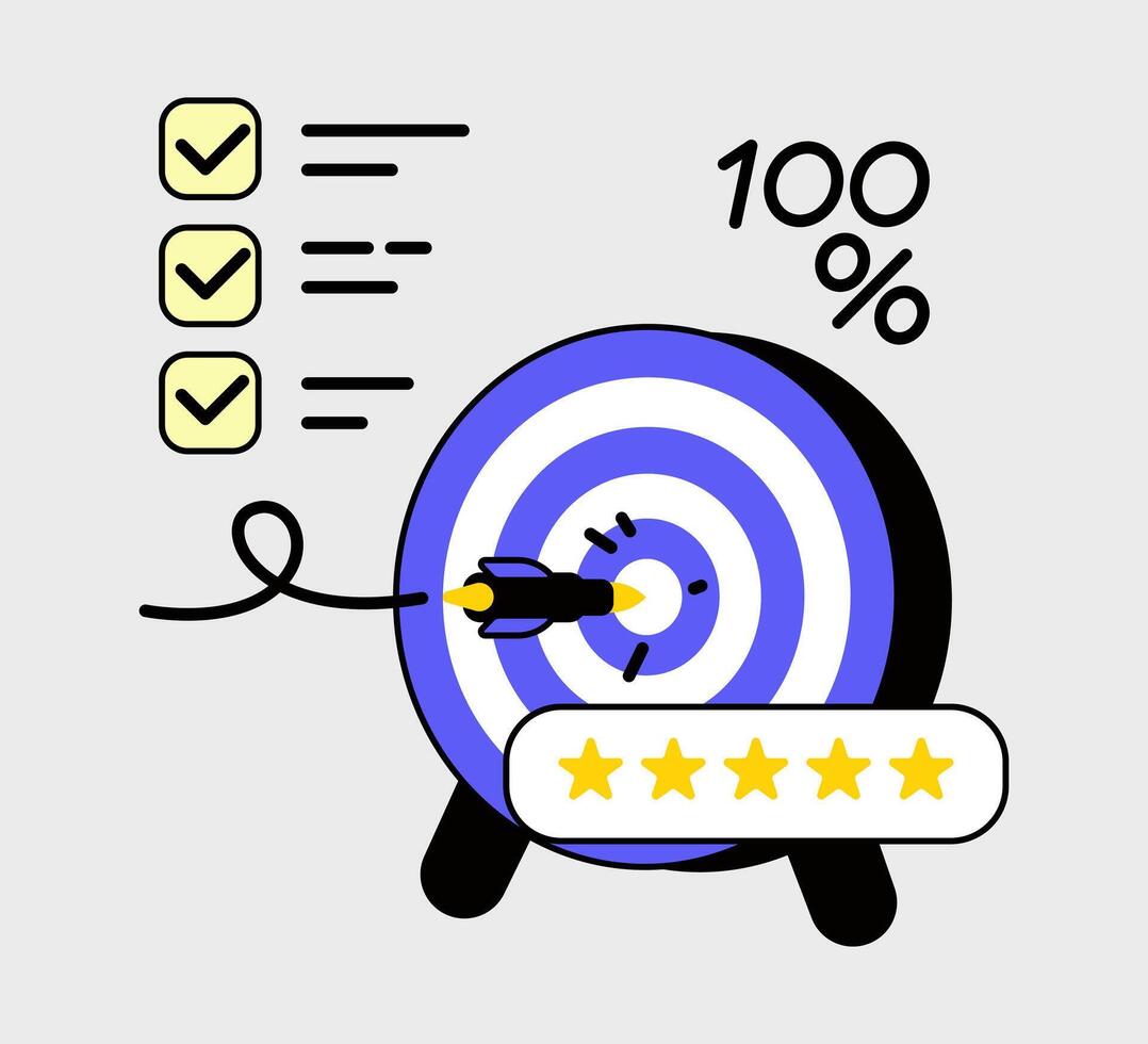 Precision target achievement visualization, aiming for complete success concept vector