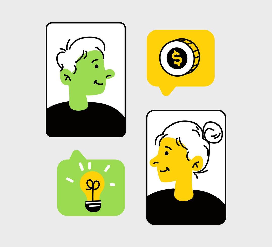 Illustrative financial exchange with diverse characters and vibrant icons vector