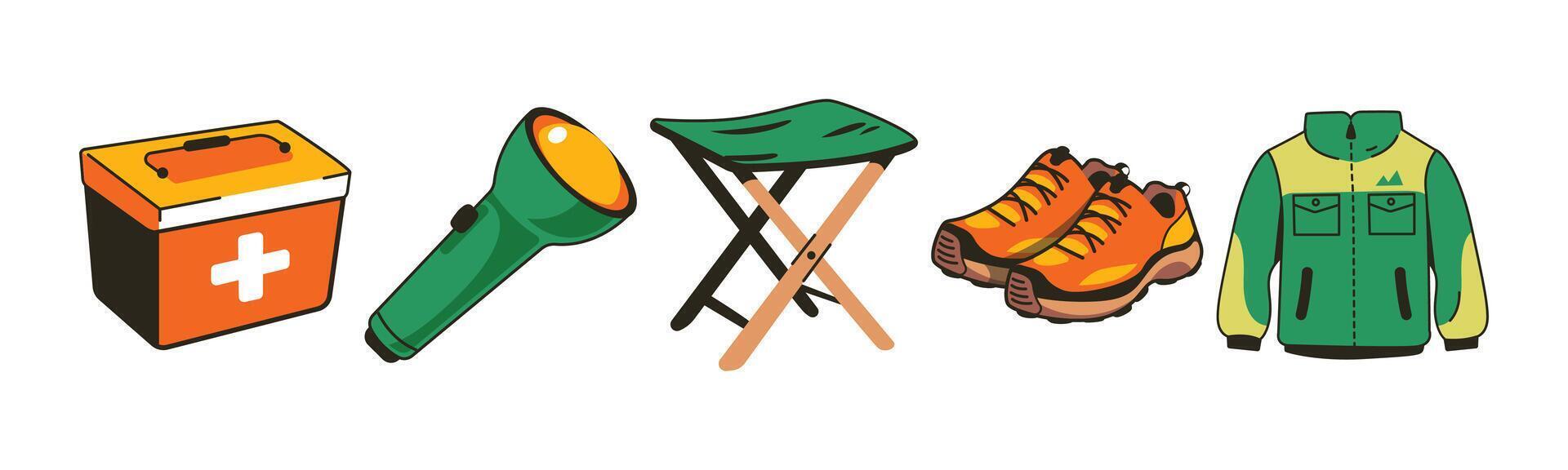 Essential equipment for exploration and outdoor pursuits depicted in cartoon style vector