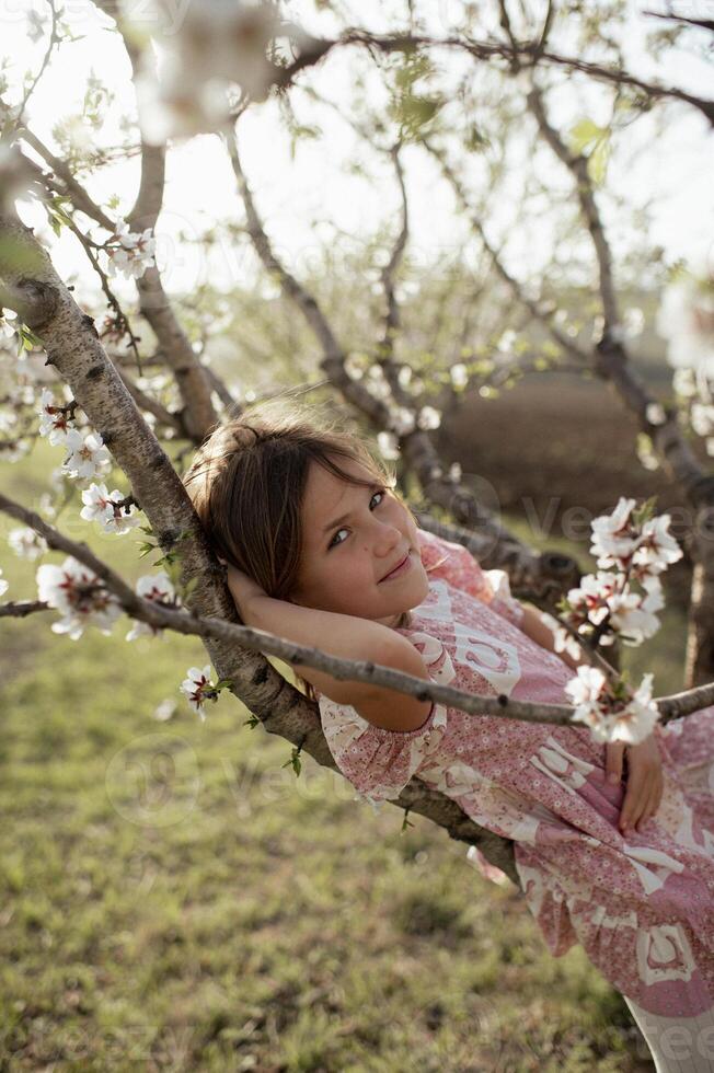 Girl in a pink dress playing near almond trees. The young girl twirls happily under the almond tree branches, with the blossoms gently falling around her. photo