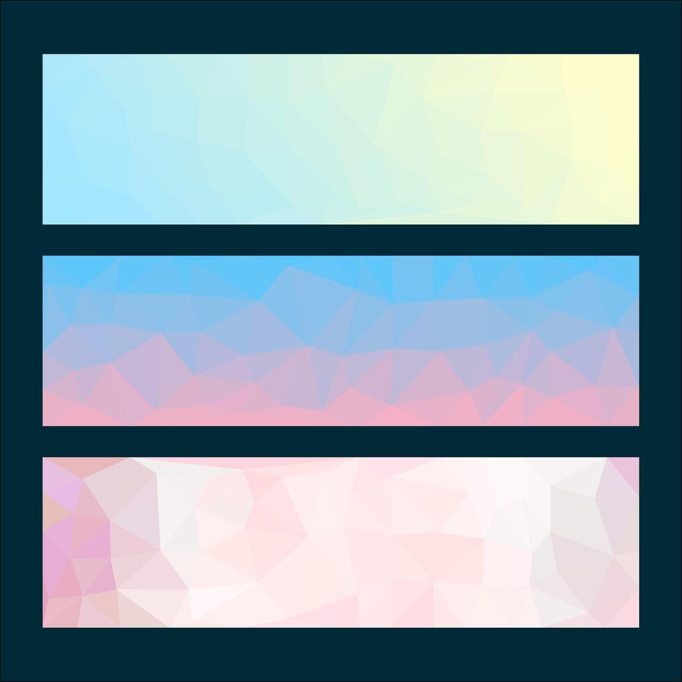 Set of pastel geometric banners with low poly design in soft gradient colors including blue, pink, yellow, and white on a dark background. vector