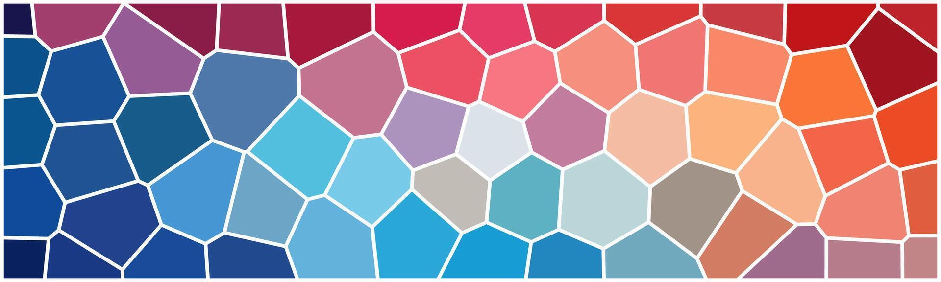 A vibrant stained glass mosaic featuring a gradient of colors from deep blues to warm reds, oranges, and soft pastels, creating a harmonious and artistic transition. vector