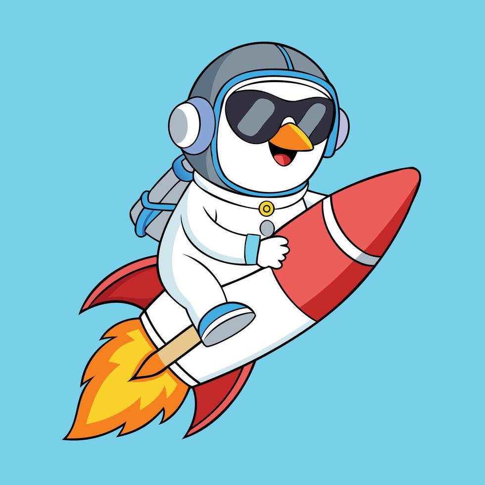 A cartoon penguin is riding on a rocket vector