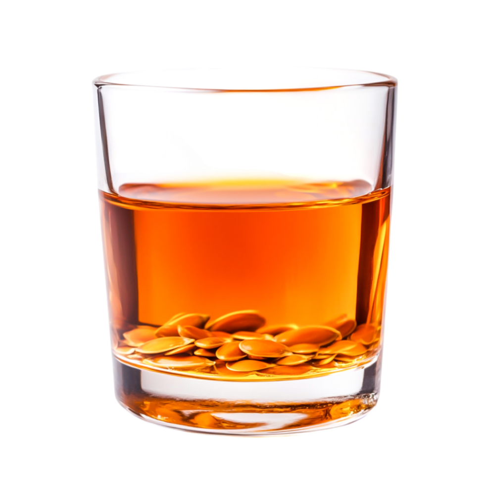 Clear Glass with Amber Drink and Golden Seeds on the Bottom png