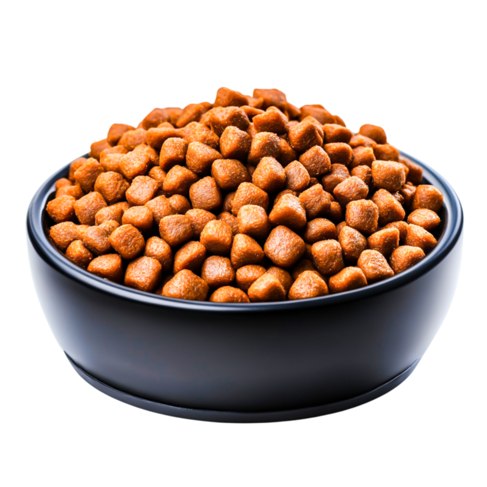 closeup of Brown Dry Pet Food Kibble in a Black Bowl for Pets png