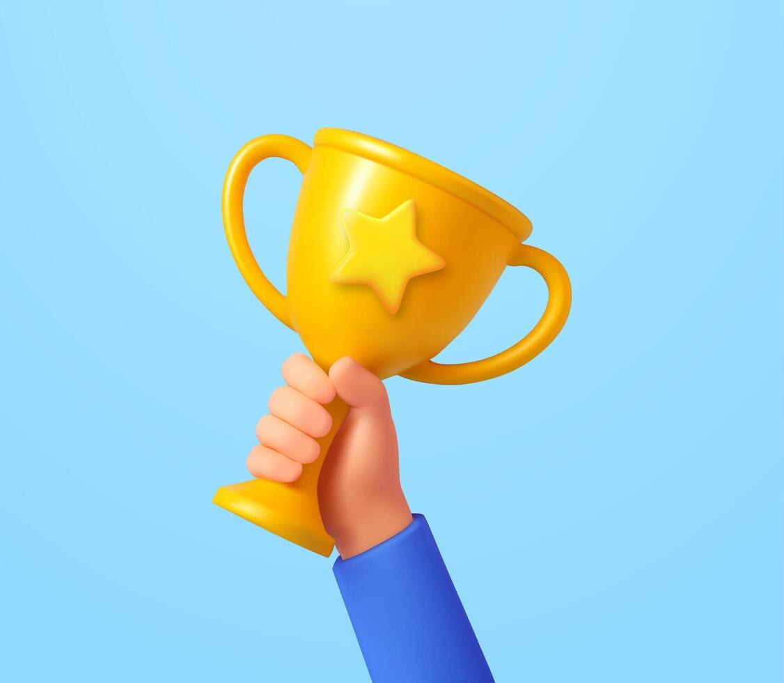 3d Hand hold gold trophy. vector