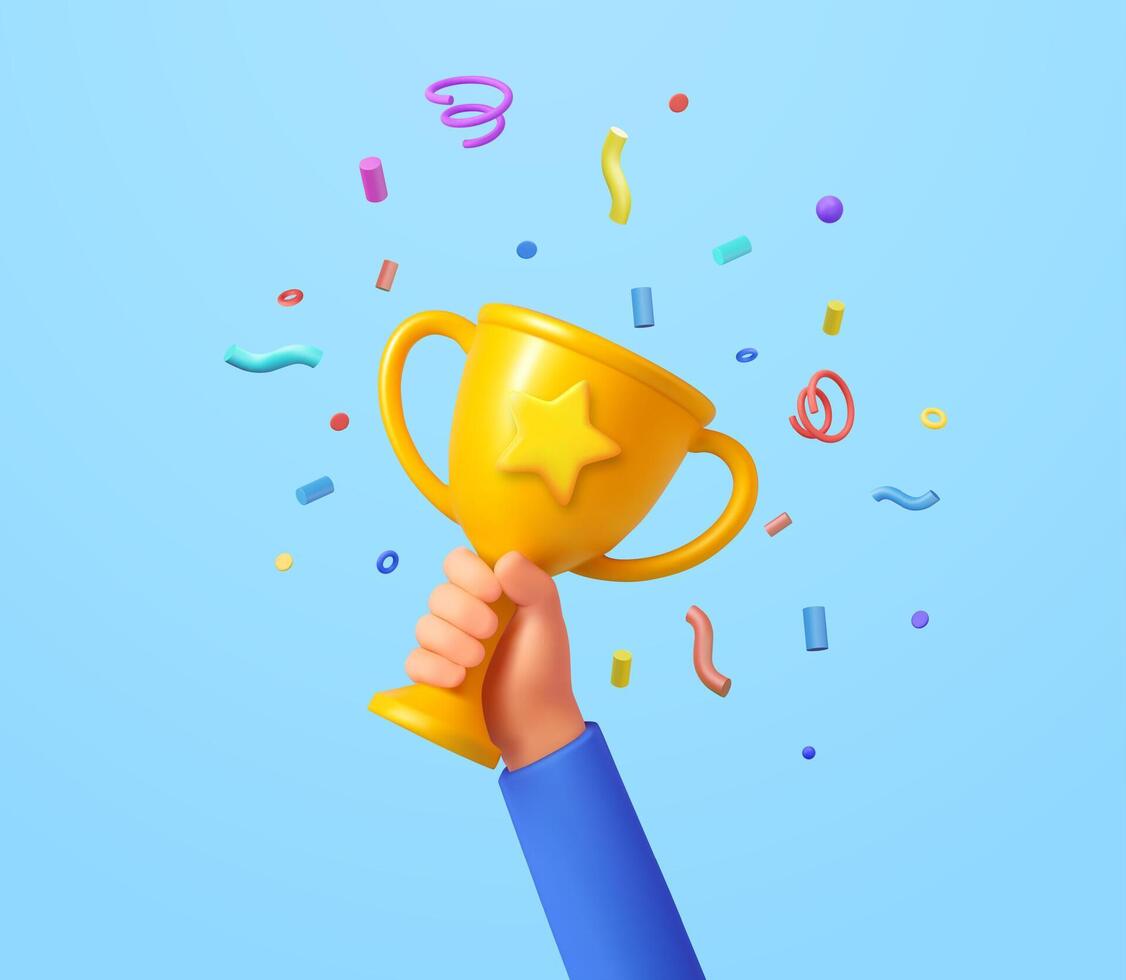 3d Hand hold trophy. First place champion trophy reward vector