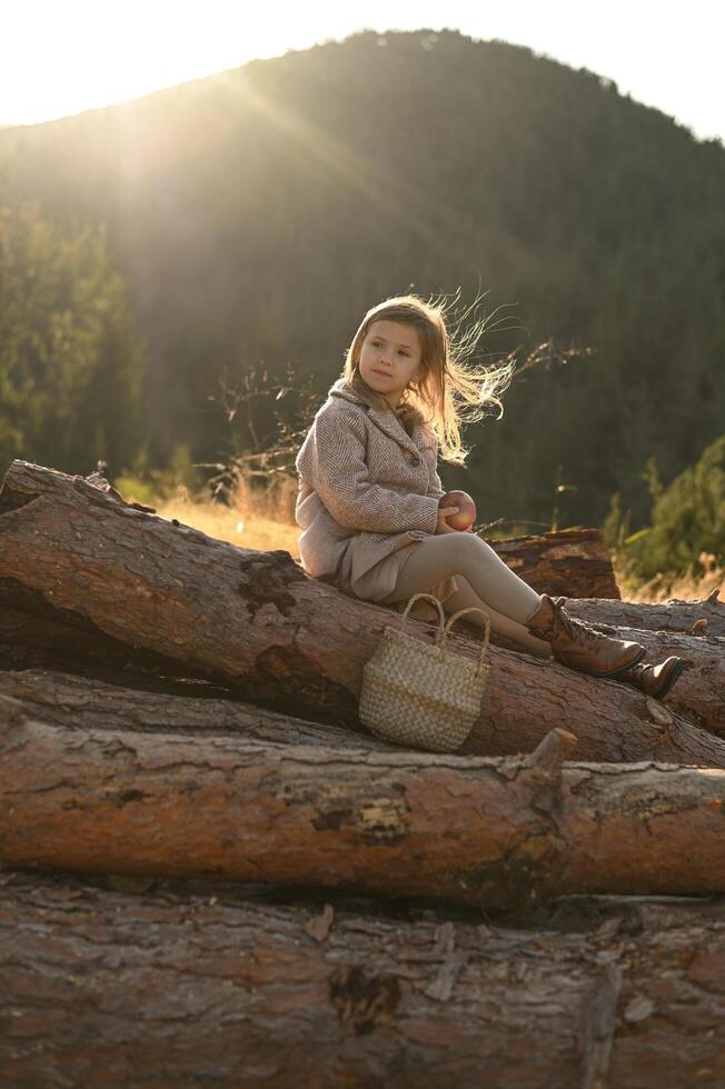In the warm glow of sunrise, a girl sits peacefully on rustic logs, her hair moving softly in the wind. photo