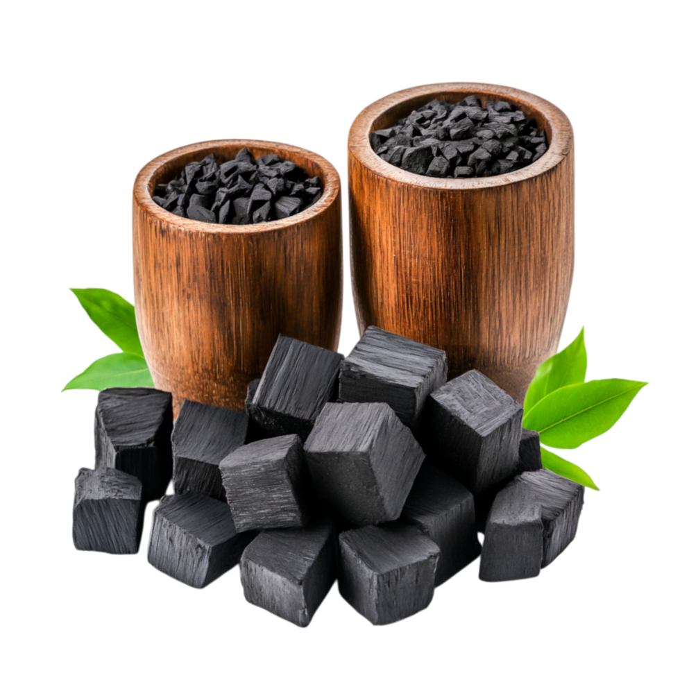 Natural Activated Charcoal in Wooden Bowls with Leaves and Cubes on png