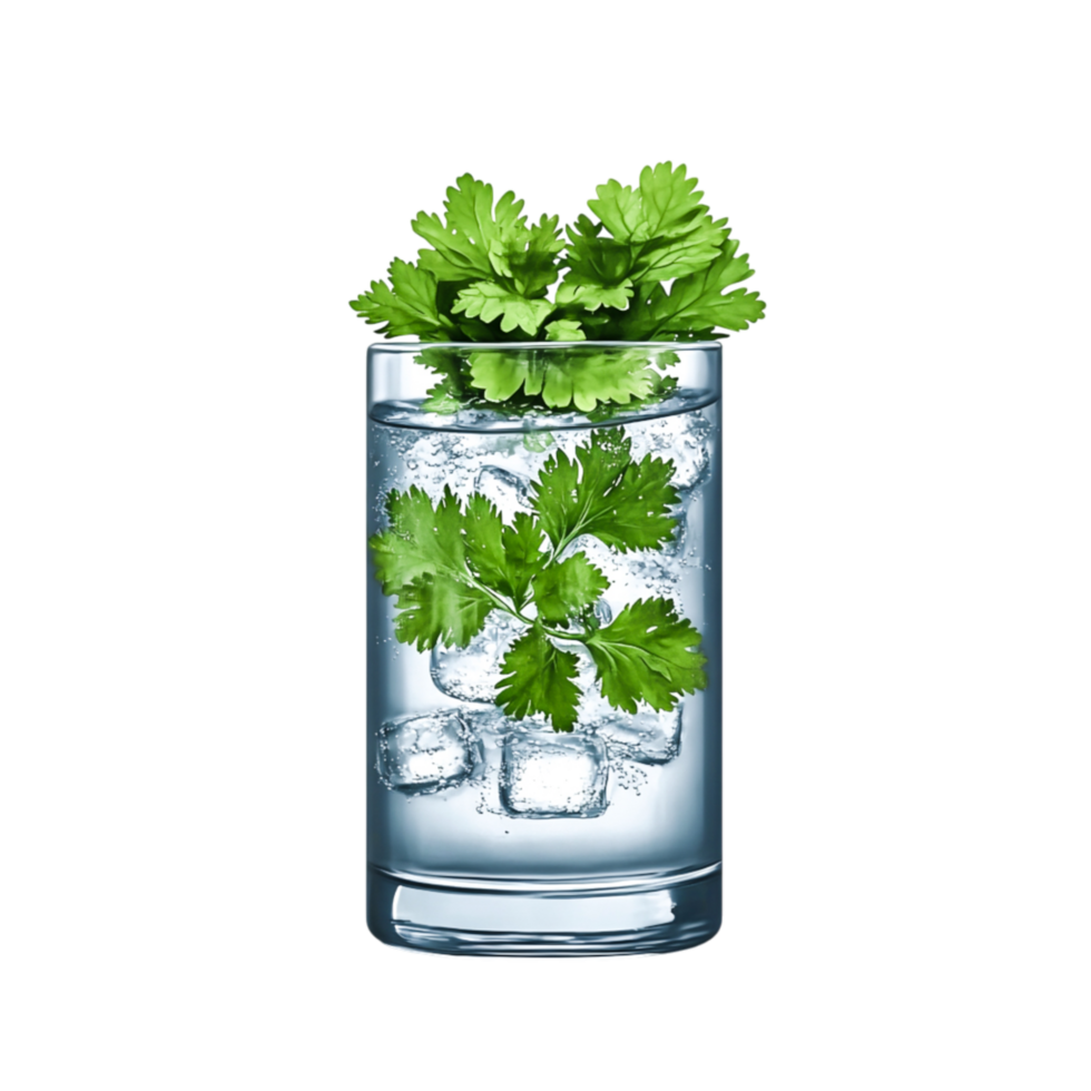Fresh Cilantro Garnish in Cold Water Glass with Ice Cubes and Green Herbs png
