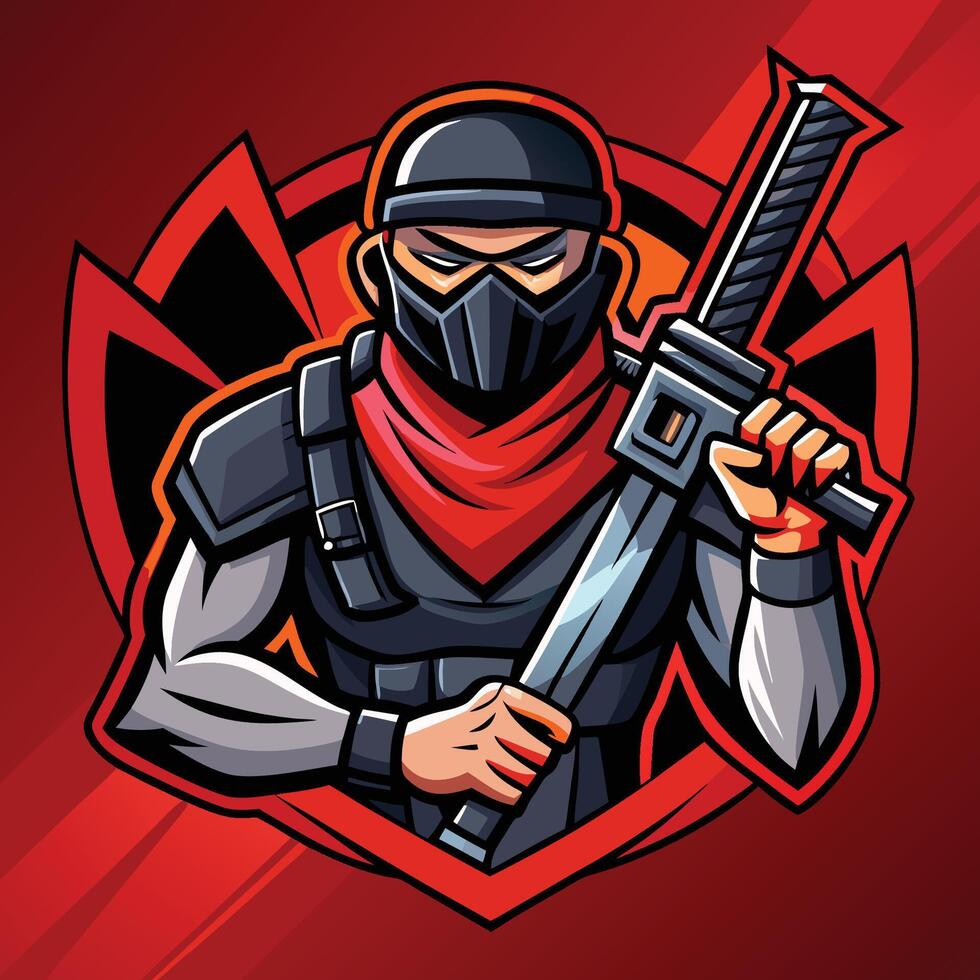 Fierce Ninja Warrior Mascot Emblazoned with Weaponry vector