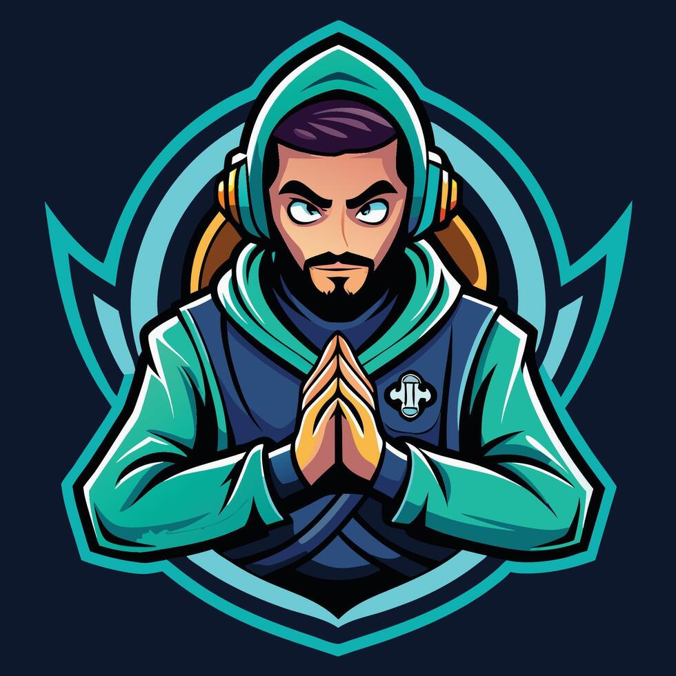 Pro Gamer Mascot Character Praying for Victory in Online Gaming vector