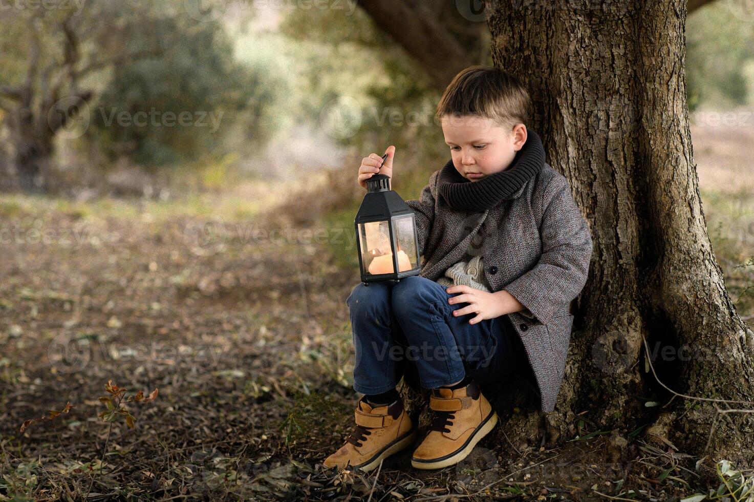 Under the shade of a tree, a boy sits quietly, his glowing lantern casting a warm light on the surrounding peaceful scenery. photo