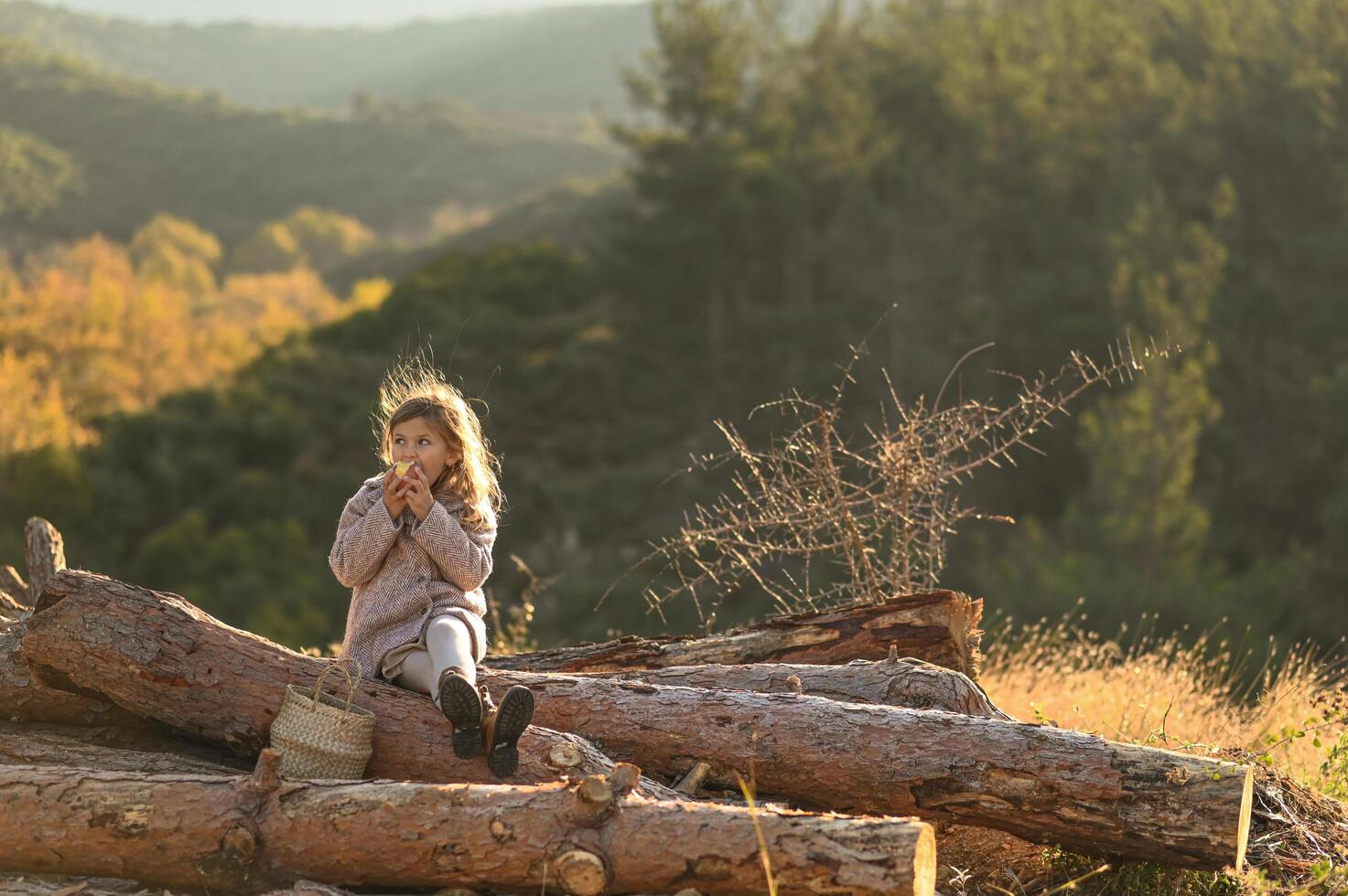 A small girl rests on stacked timber in a mountainous countryside, enjoying her breakfast apple at sunrise. photo
