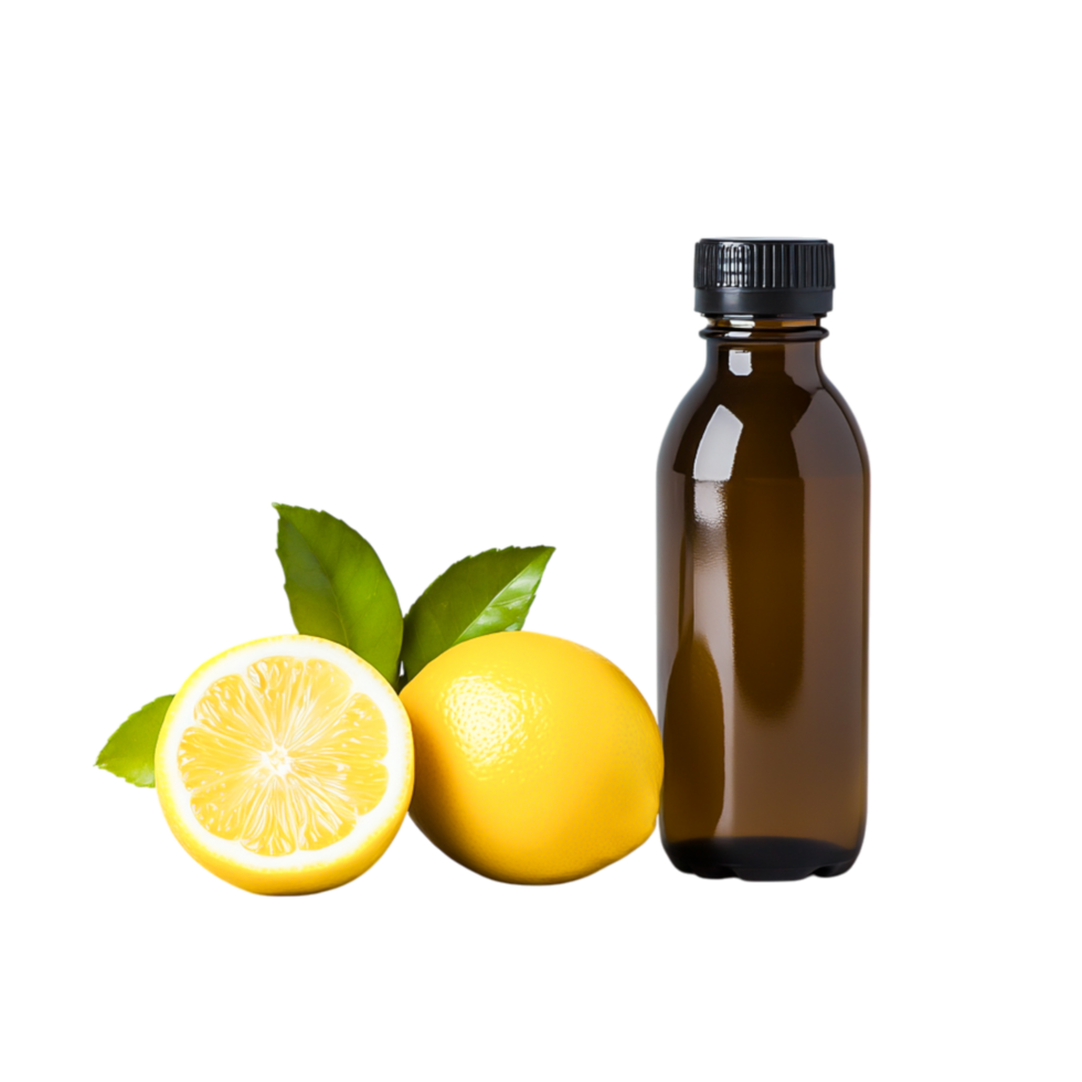 Fresh Lemon with Sliced Half next to a Brown Glass Bottle png