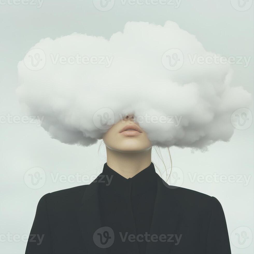 Businesswoman hiding her face behind a cloud representing surrealism and abstract concept photo