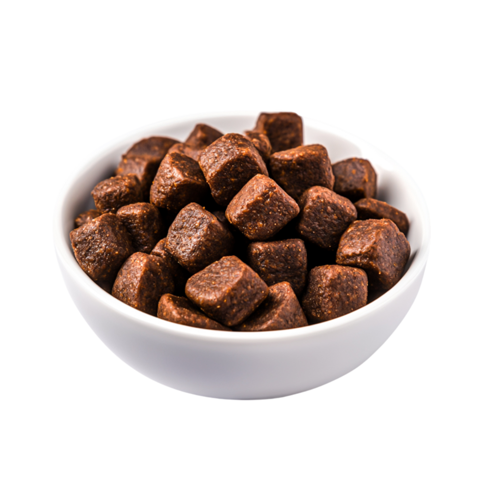 Brown snack cubes in a white bowl, perfect for pet treat marketing and food photography png