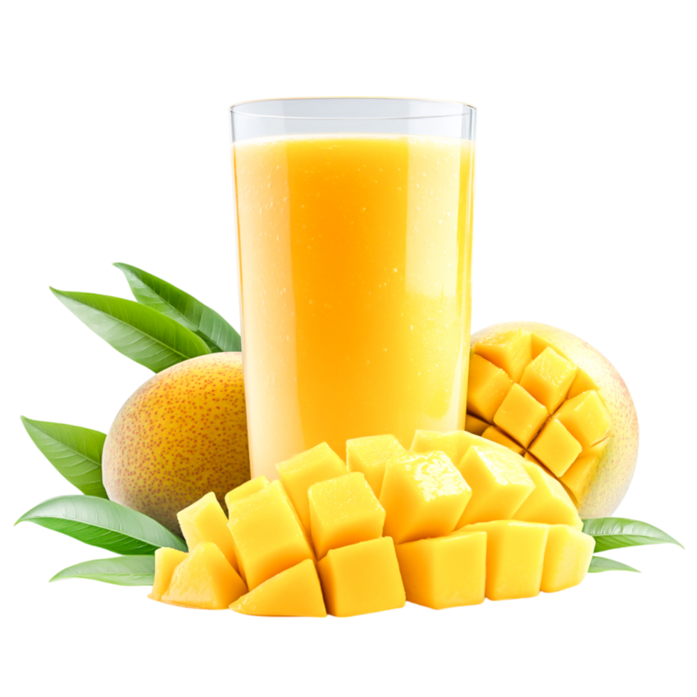Refreshing Mango Juice in Glass Surrounded by Fresh Mangoes and Green Leaves png