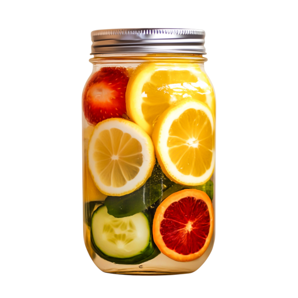 Fresh Fruit Infused Water in Jar with Citrus Lemon Strawberry and Cucumber Slices png