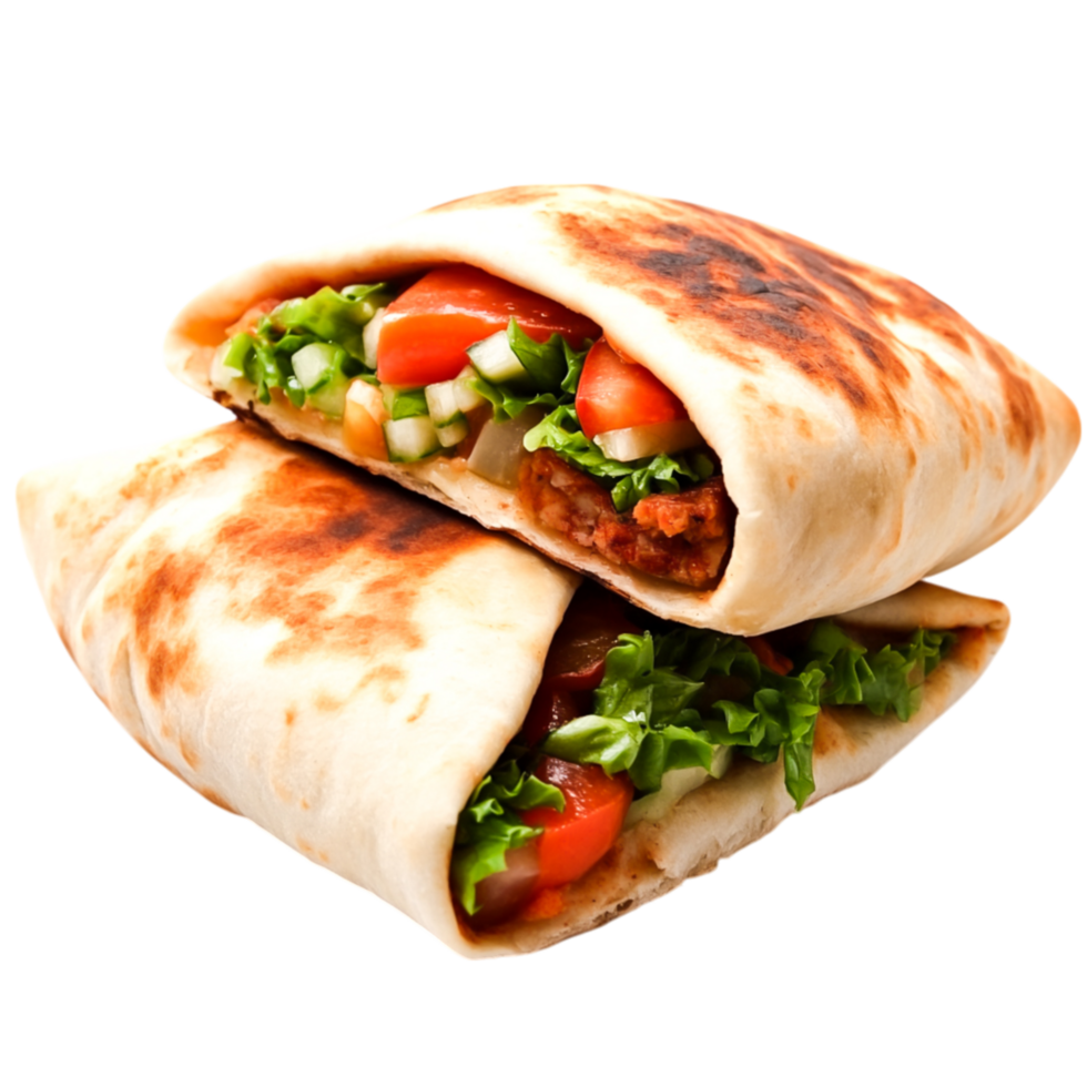 Delicious Fresh Flatbread Wrap with Vegetables and Savory Filling png
