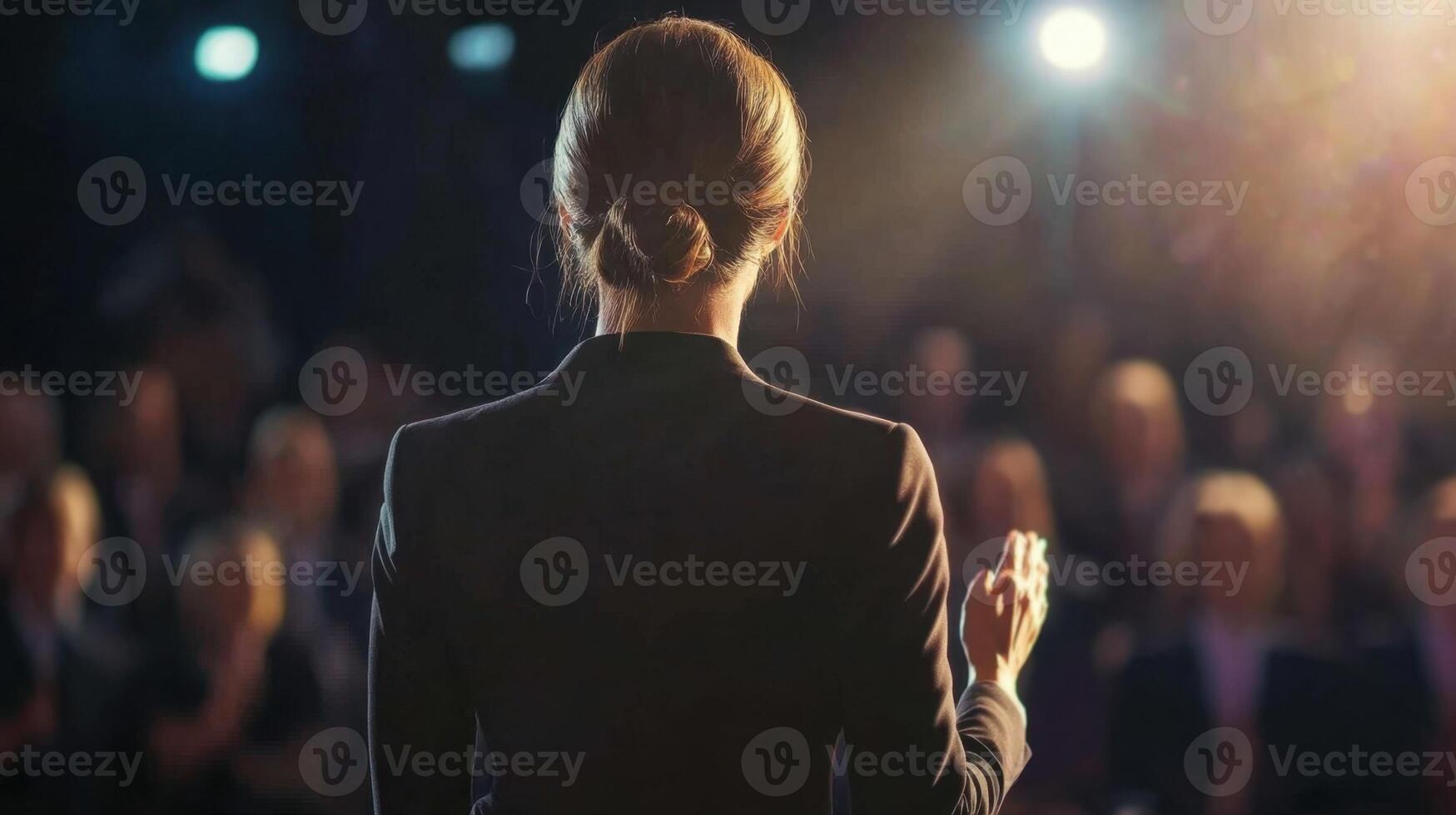 Businesswoman making presentation to audience in conference hall photo