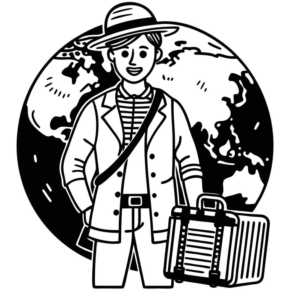 Intricate World Travel Doodle Illustration in Black and White vector