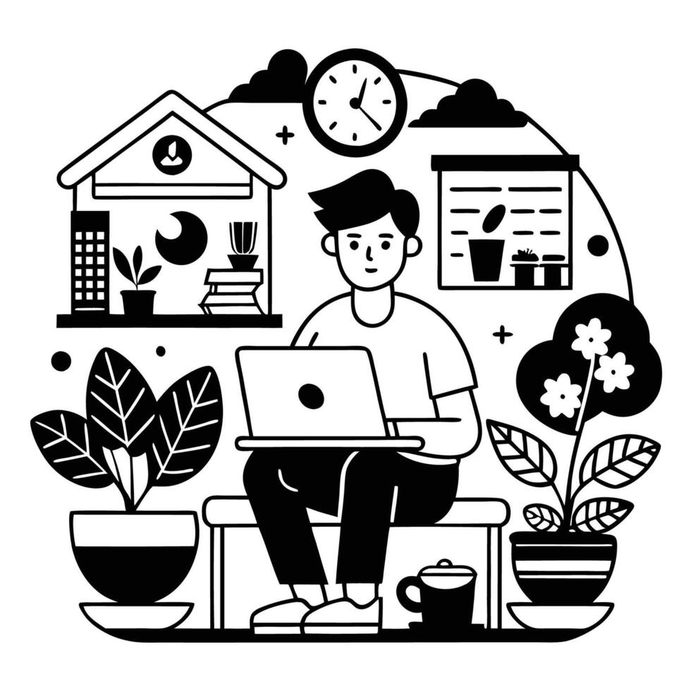 Black and White Doodle Illustration of a Person Working from Home vector