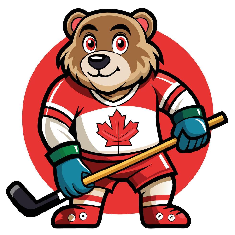 Mighty Bear Ice Hockey Player Mascot with Stick and Puck vector