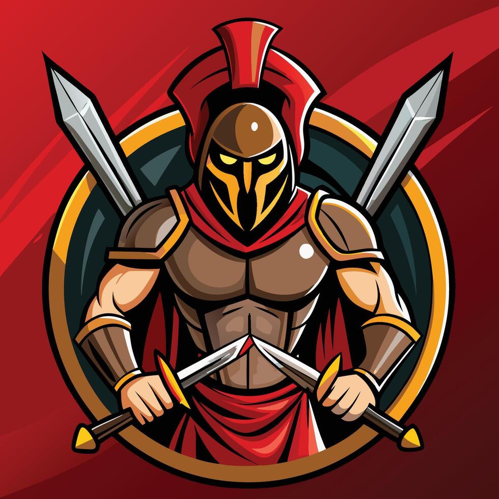 Fierce Spartan Warrior Emblem with Crossed Swords and Shields in Defensive Stance vector