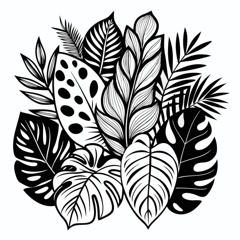 Minimalistic Tropical Foliage Doodle Illustration in Black and White vector