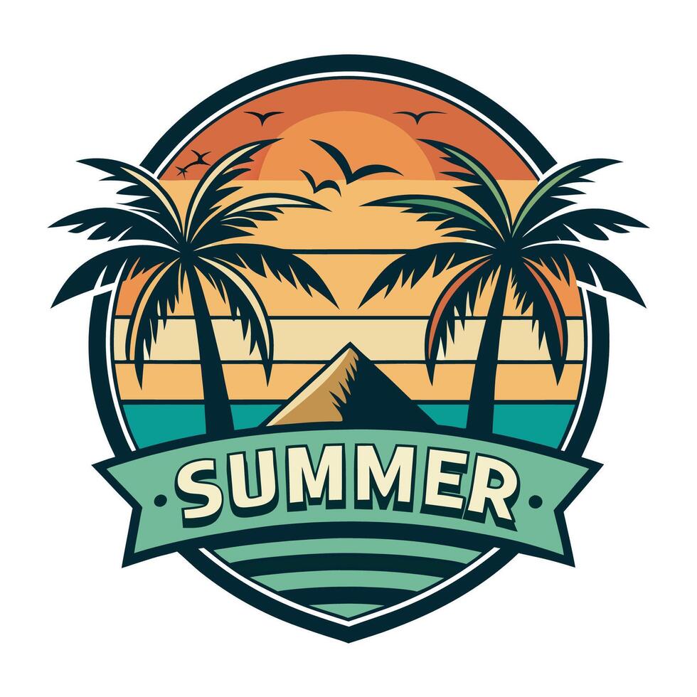 Vintage Summer Beach Logo Adorned with Lush Palm Trees vector