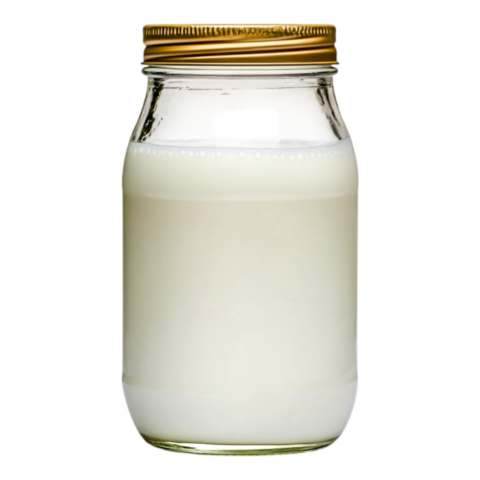 Fresh White Milk in Glass Jar with Golden Lid on Without Labels png