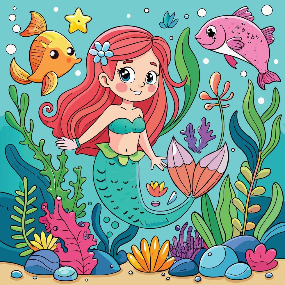 Enchanted Underwater Realm with Mermaid Fish and Vibrant Plant Life vector