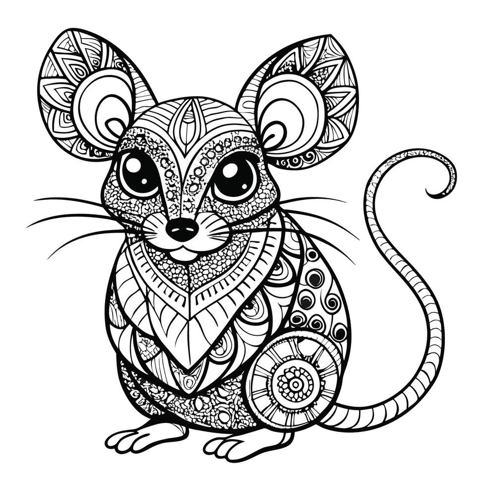 Intricate Hand Drawn Zentangle Mouse Design for Coloring Books vector