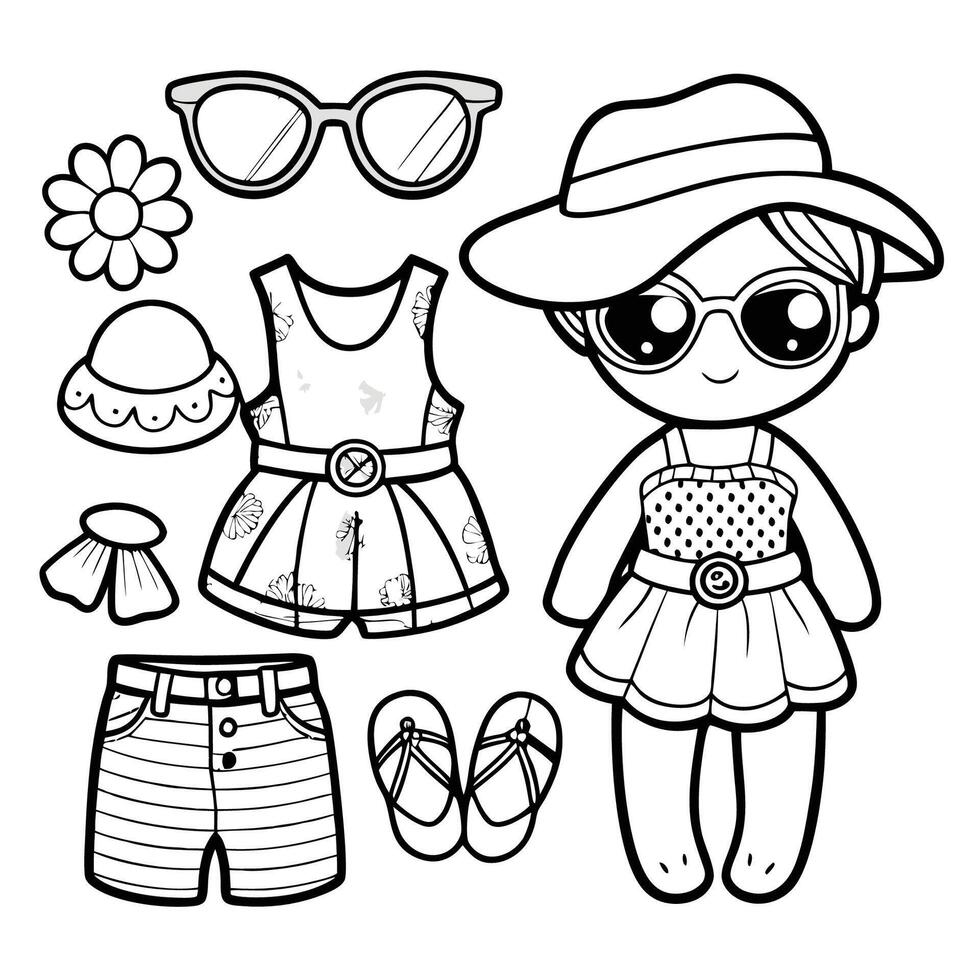 Outline Doodle Coloring Page Featuring a Set of Summer Fashion Essentials vector