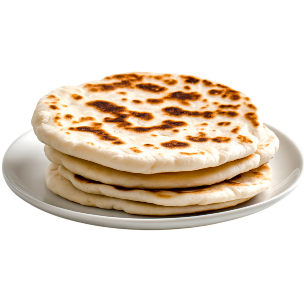 Freshly Cooked Flatbreads Stacked White Plate with Golden Brown Spots png