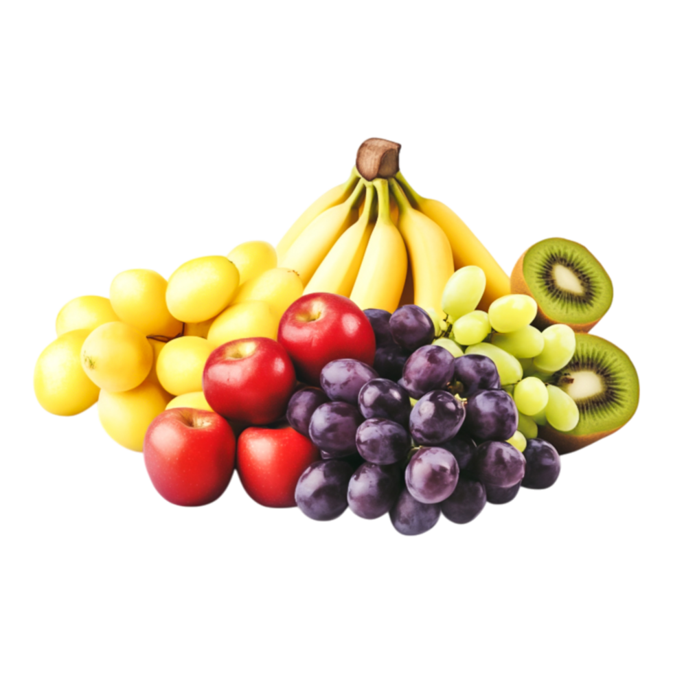fresco sortimento do colorida frutas Incluindo bananas, maçãs, uvas, e kiwi png