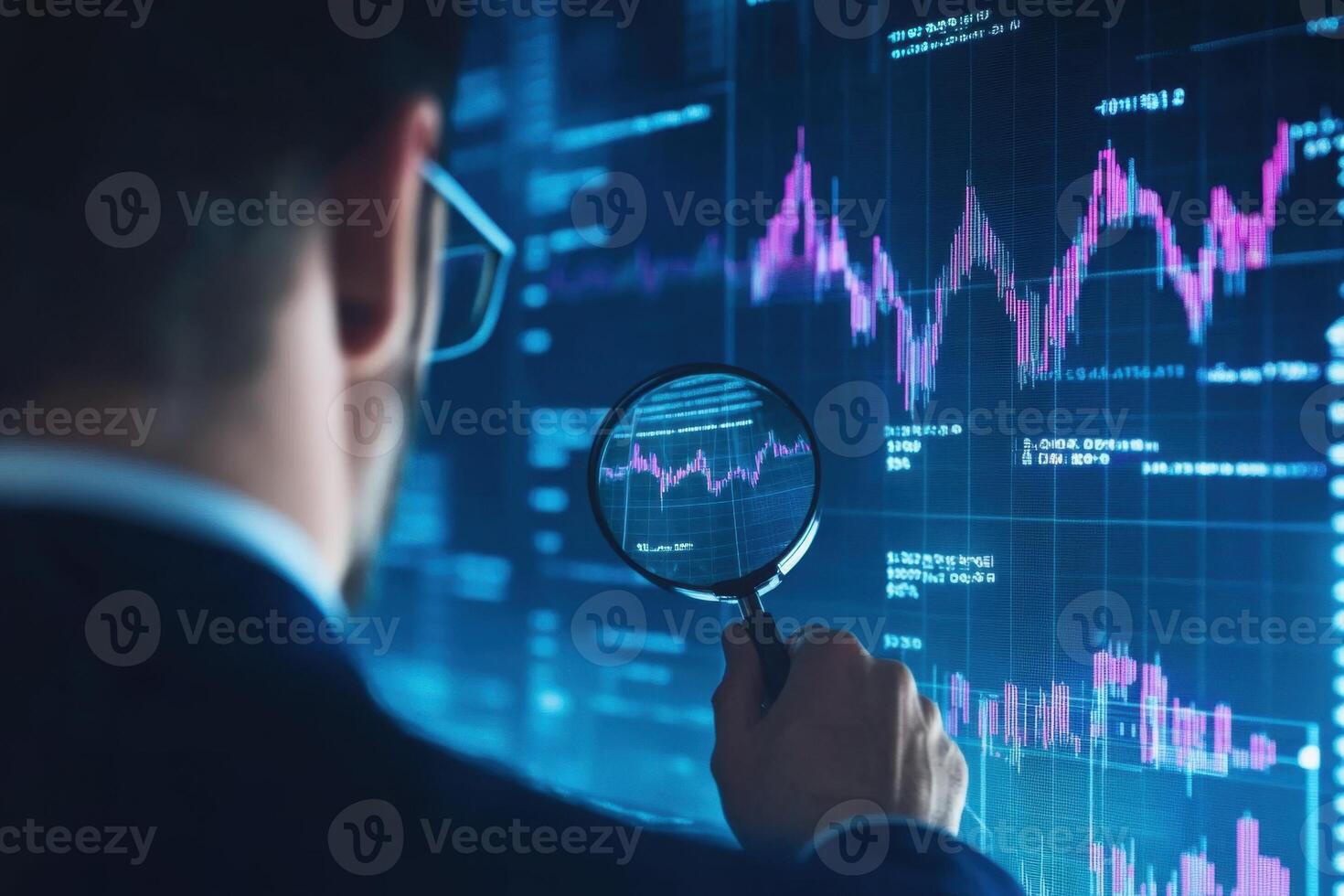 Businessman analyzing financial charts on digital screen with magnifying glass photo